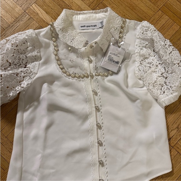 SELF-PORTRAIT Faux-Pearl Embellished Crepe blouse - Picture 7 of 12